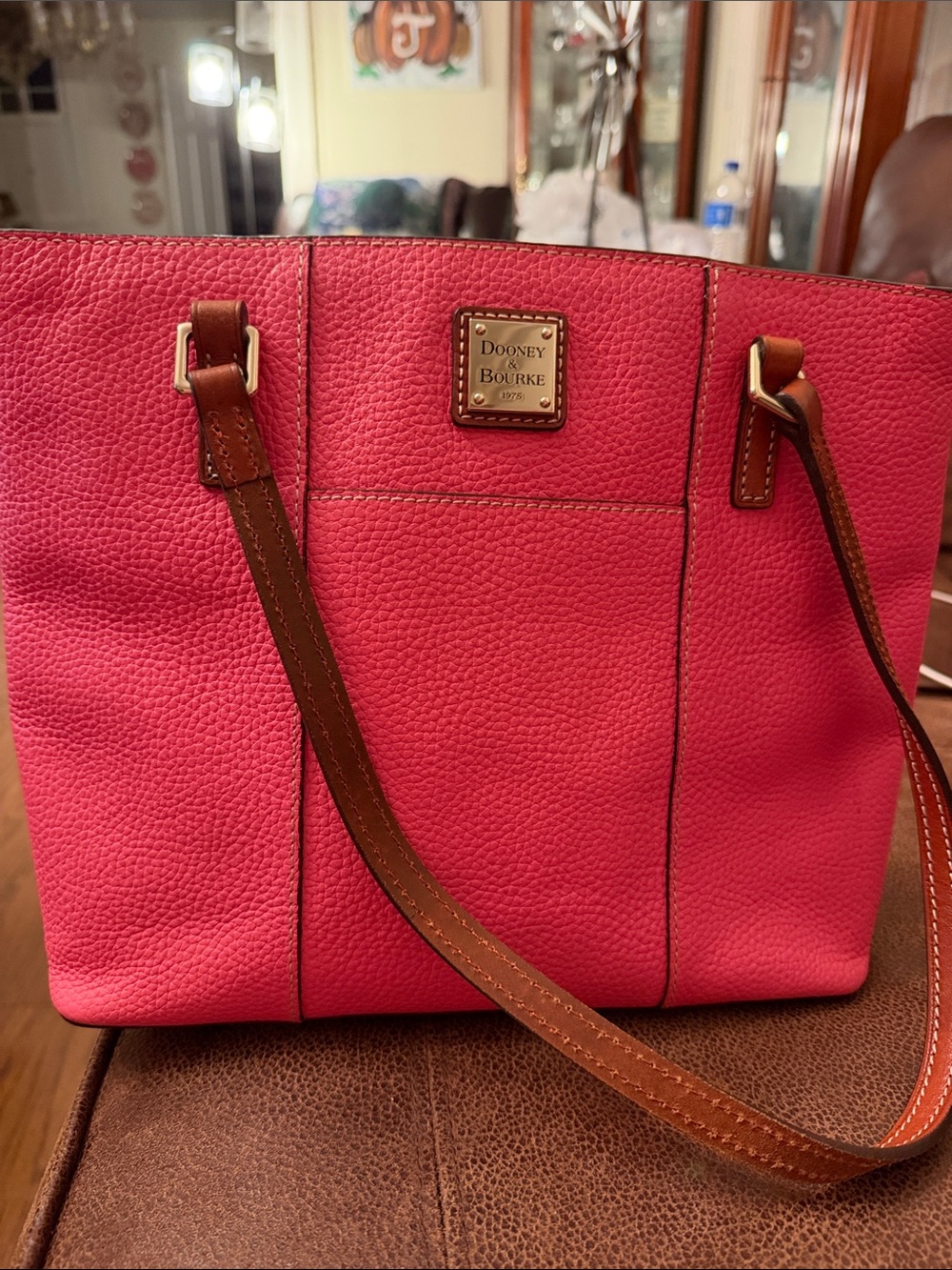 Dooney & Bourke Pink Pebble Leather Tote with Brown Straps